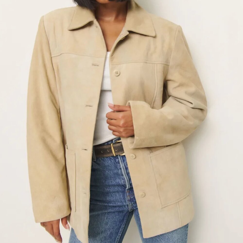 NWT Reformation Veda Lincoln Suede Shirt Jacket In Oat Distressed